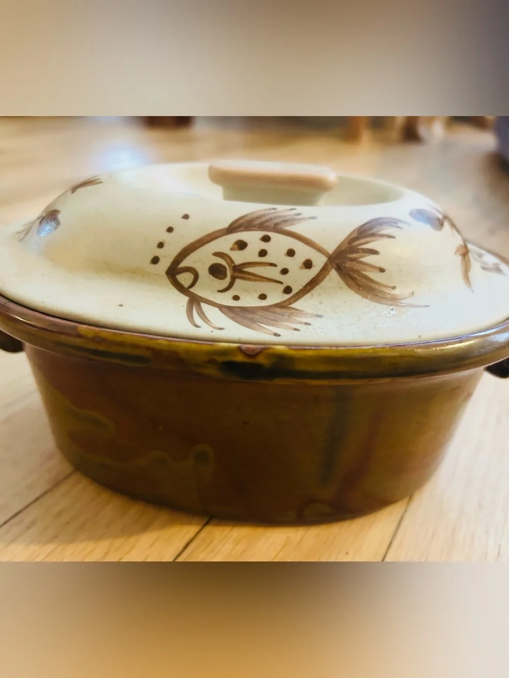 Hand-Painted Cream & Brown Vintage Stoneware Casserole Dish